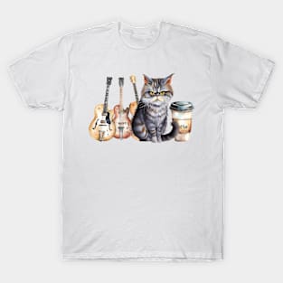 Funny Guitar Grumpy Cat Coffee Retro Cute Watercolor T-Shirt